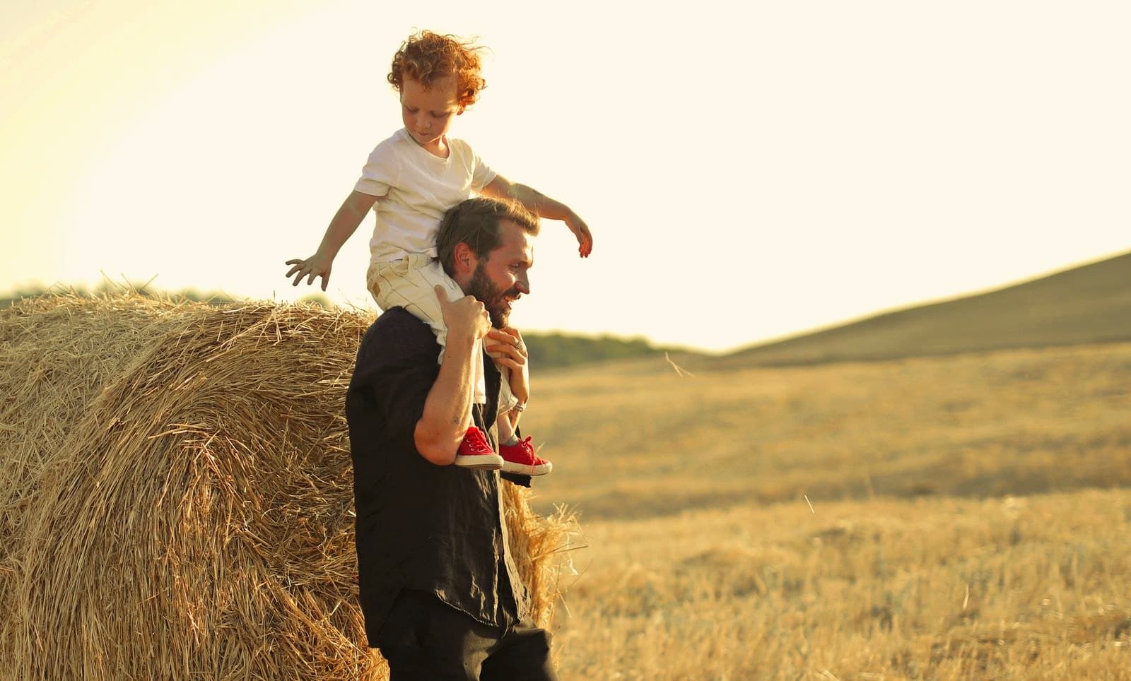A father carrying his young son on his shoulders through a sunlit hay field
