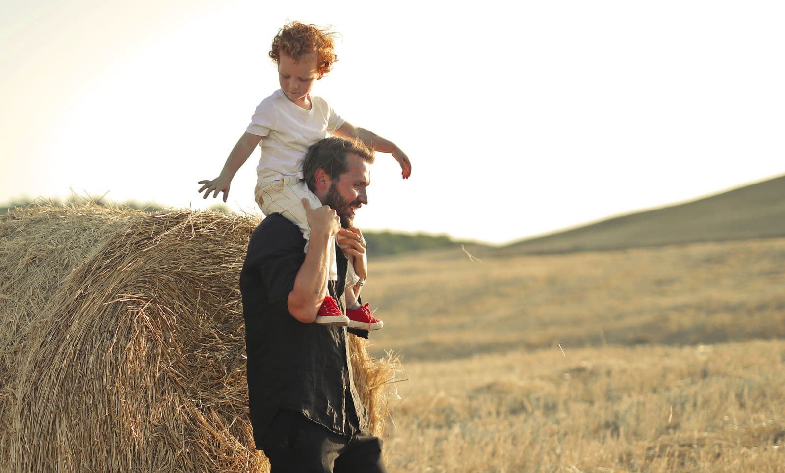 A father carries his son on his shoulders through a golden hay field